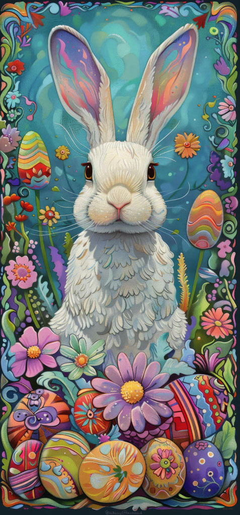 White Easter bunny with large ears amidst colorful flowers and eggs