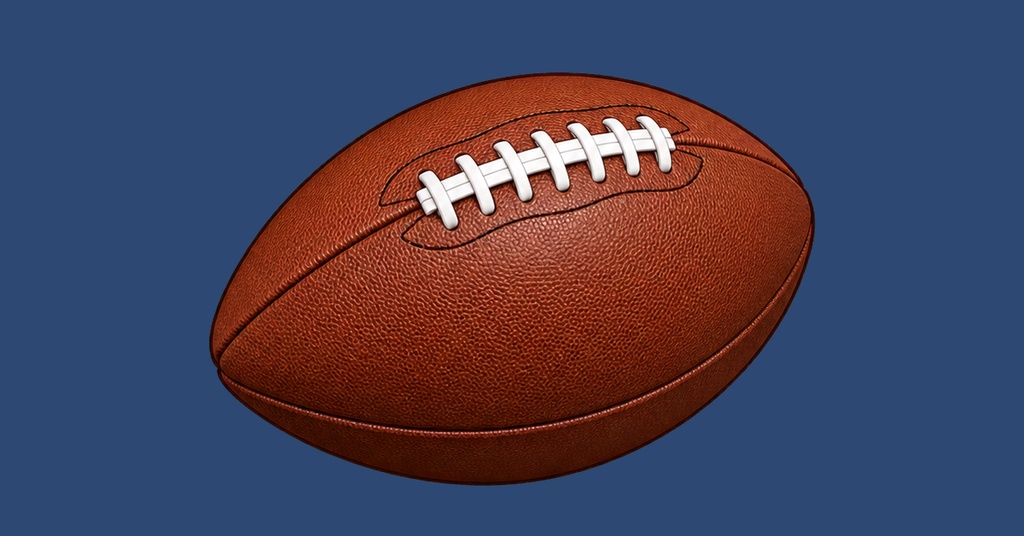 A brown football with white laces on a blue background
