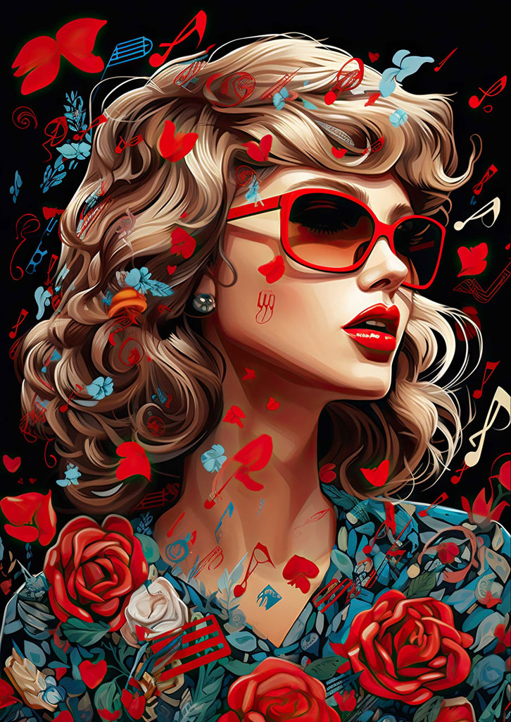 A woman with red sunglasses surrounded by red and white roses and musical notes.
