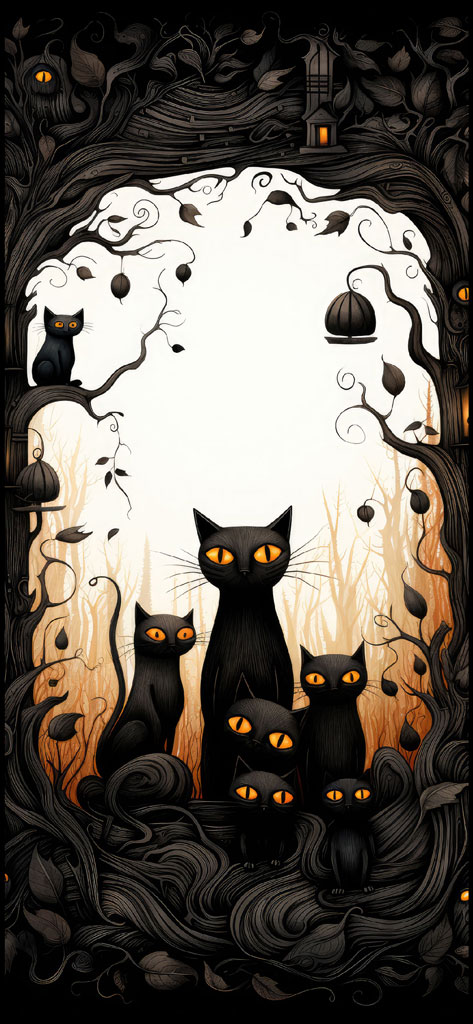 Illustration of black cats with orange eyes in a mystical forest