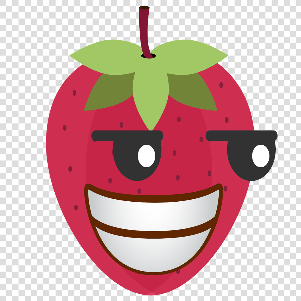 A smiling strawberry character wearing sunglasses