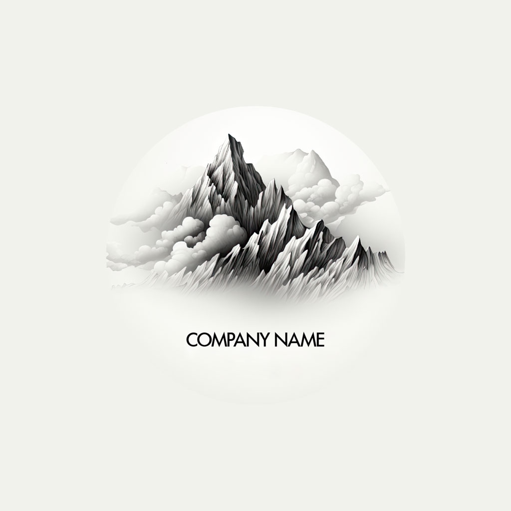 A grayscale illustration of a mountain range with clouds and a company name placeholder.