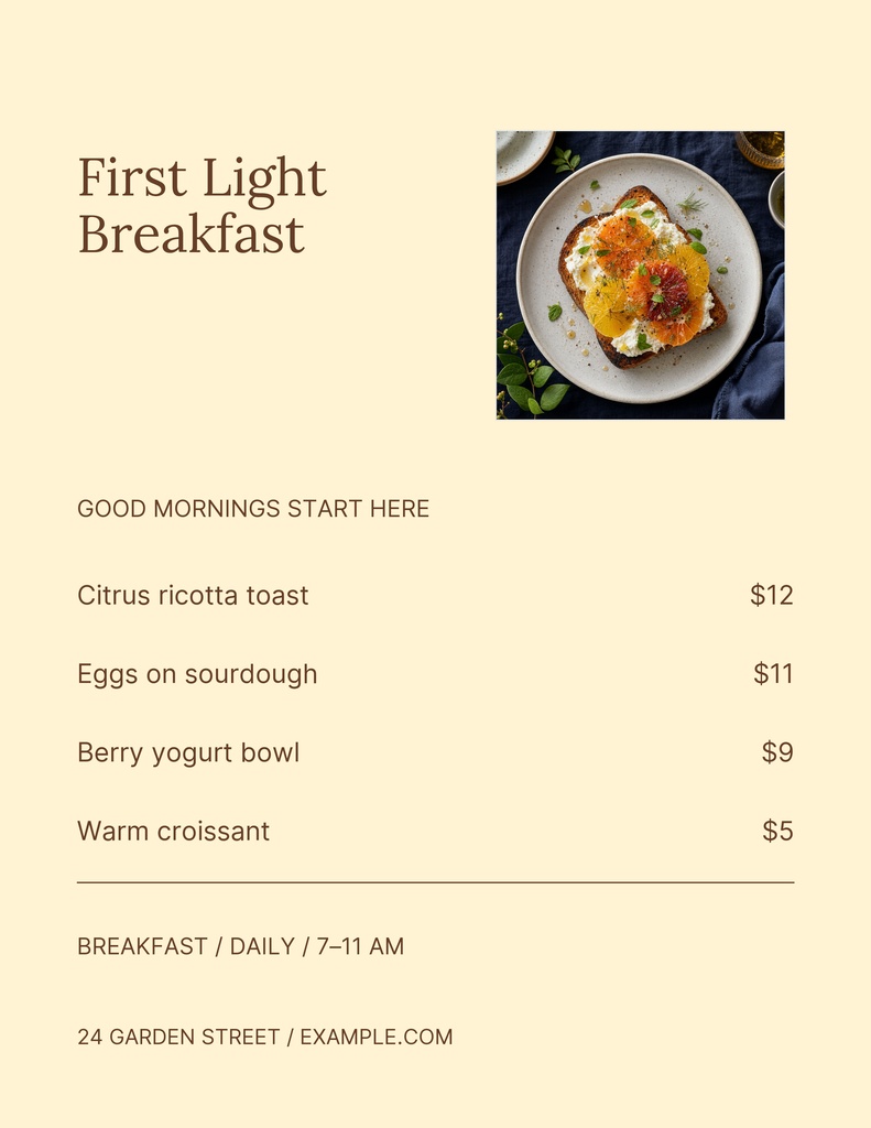 Preview for First Light Breakfast Letter Menu / Price List Template