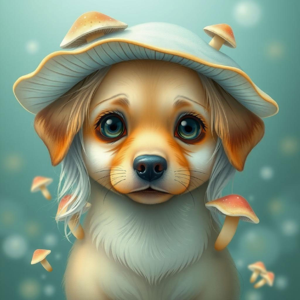 A digital artwork depicting a girl with a mushroom hat and blue dress amidst orange mushrooms.