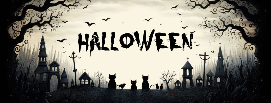 Halloween illustration with graveyard and bats