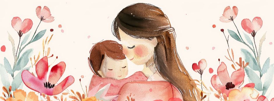 Watercolor painting of a mother holding her child amidst flowers