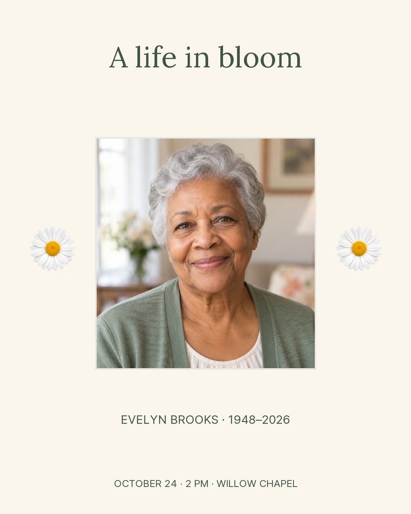 Cream memorial portrait post with an elderly woman, floral accents, and tribute text.
