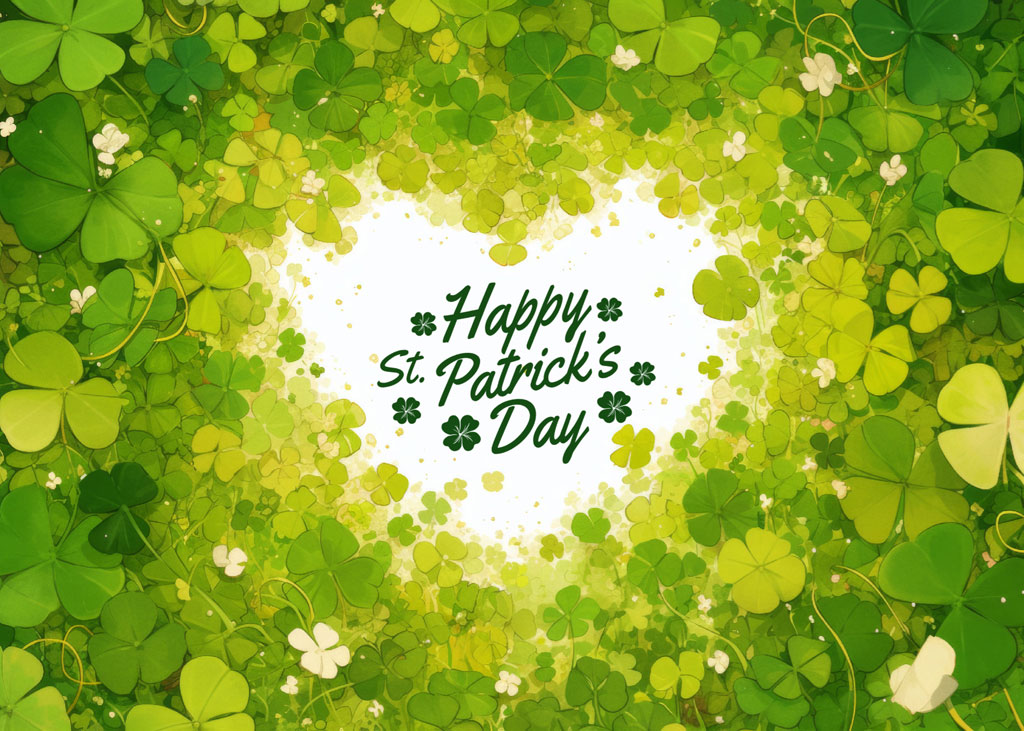 A heart-shaped arrangement of shamrocks with 'Happy St. Patrick's Day' written in the center