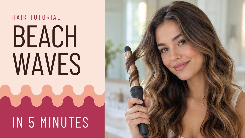 YouTube thumbnail with beach waves text and a woman holding a curling iron.