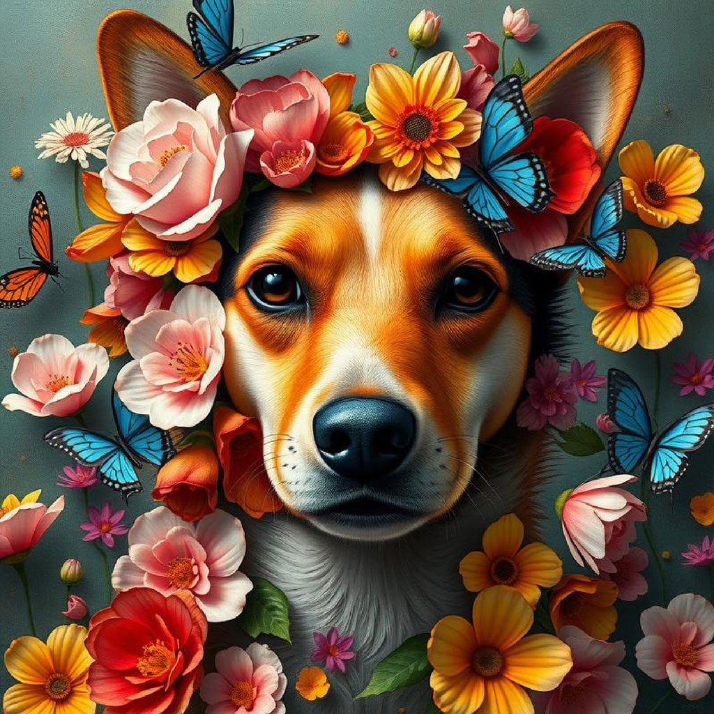 A digital artwork of a woman with blue eyes and dark hair, surrounded by blue and orange butterflies and various flowers.