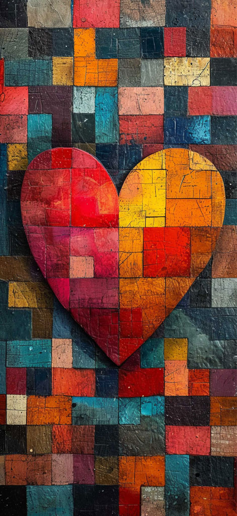 Mosaic heart art with diverse colored tiles