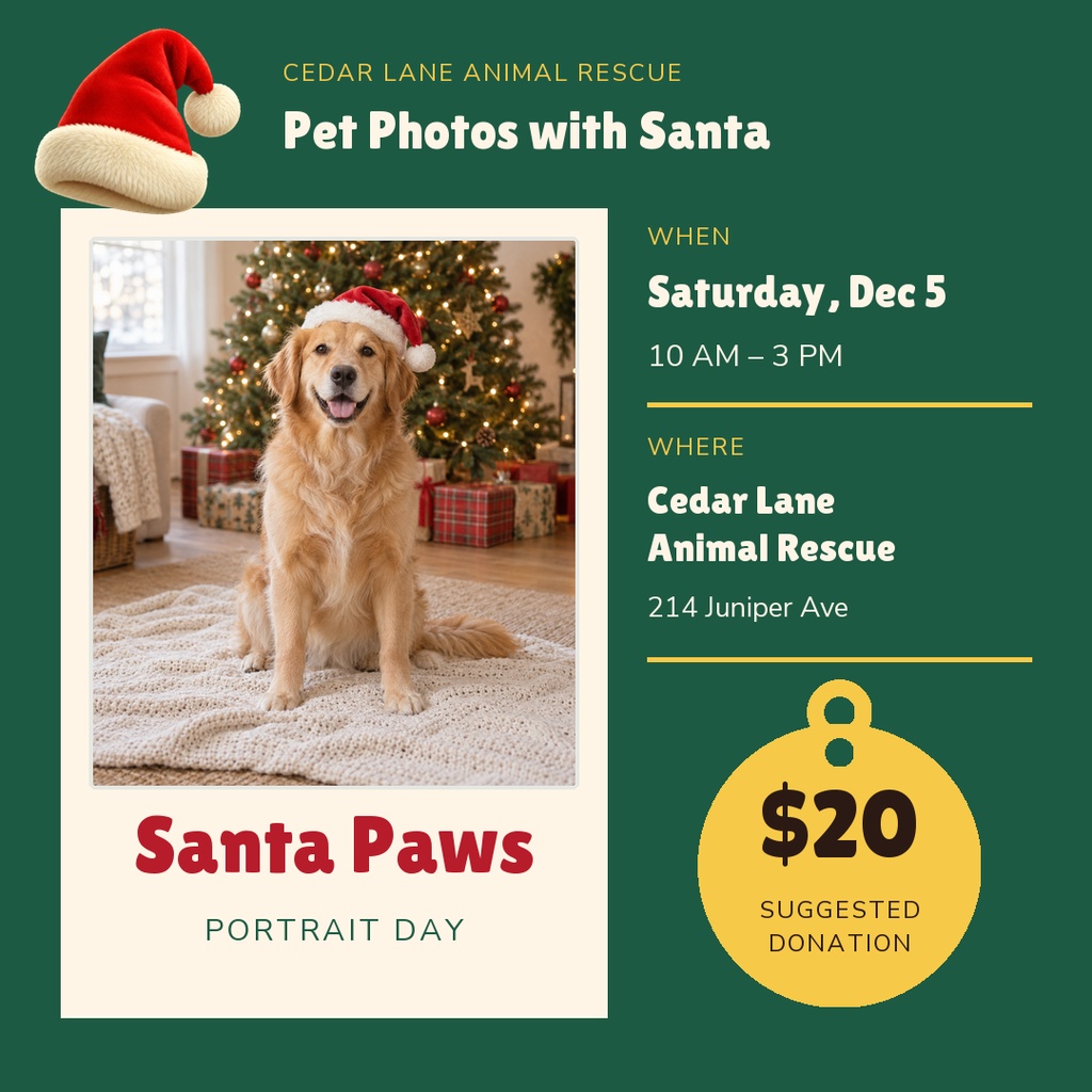 Square post featuring a golden retriever in a Santa hat for a pet photos event.