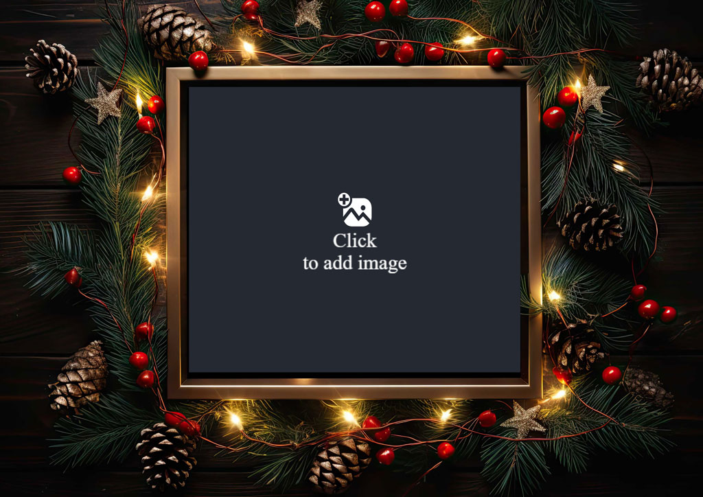 Family of five holding hands in a wooded area surrounded by a Christmas wreath