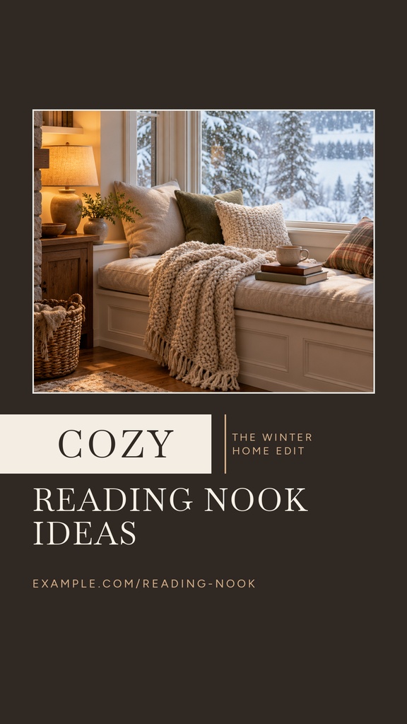 A cozy reading nook by a window with blankets, pillows, a lamp, and winter view outside.