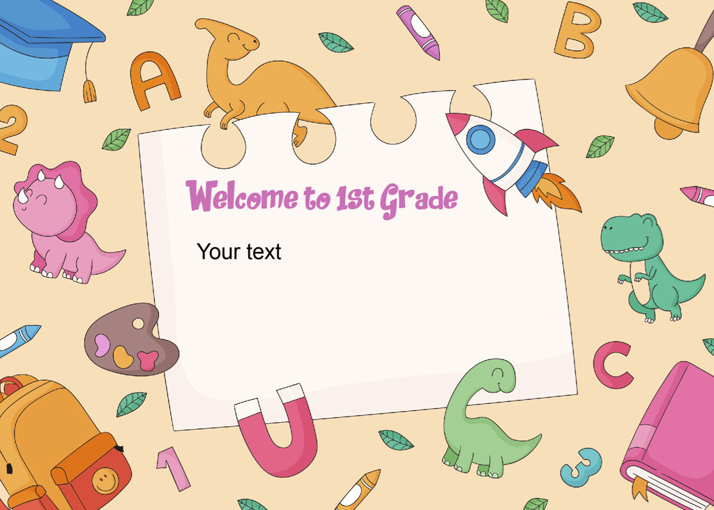 A template with a welcome message to 1st grade surrounded by cartoon dinosaurs and educational icons.