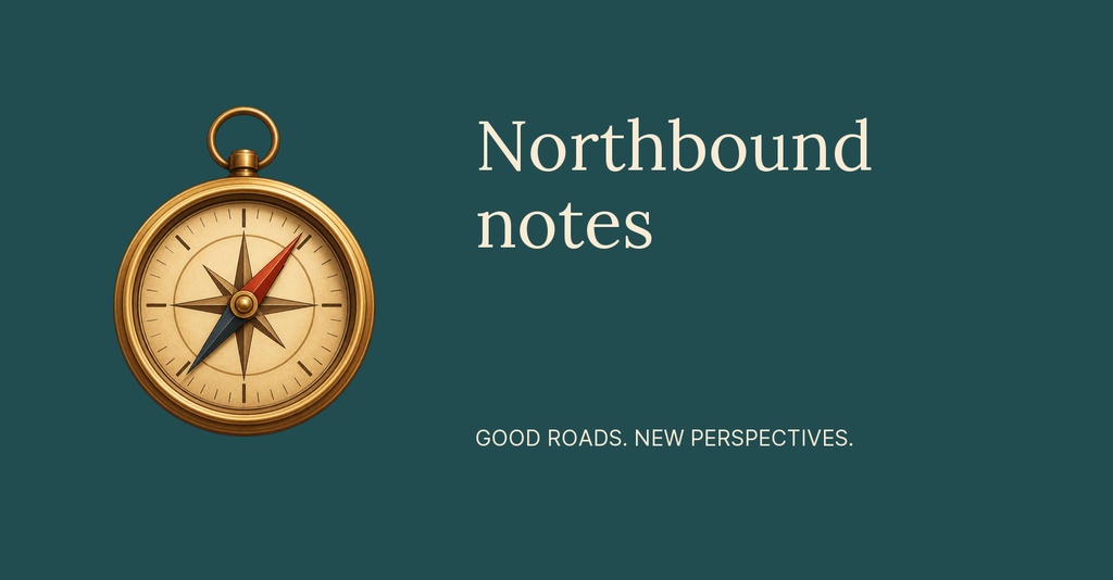 A gold compass on a dark green background with Northbound notes text and a small slogan.