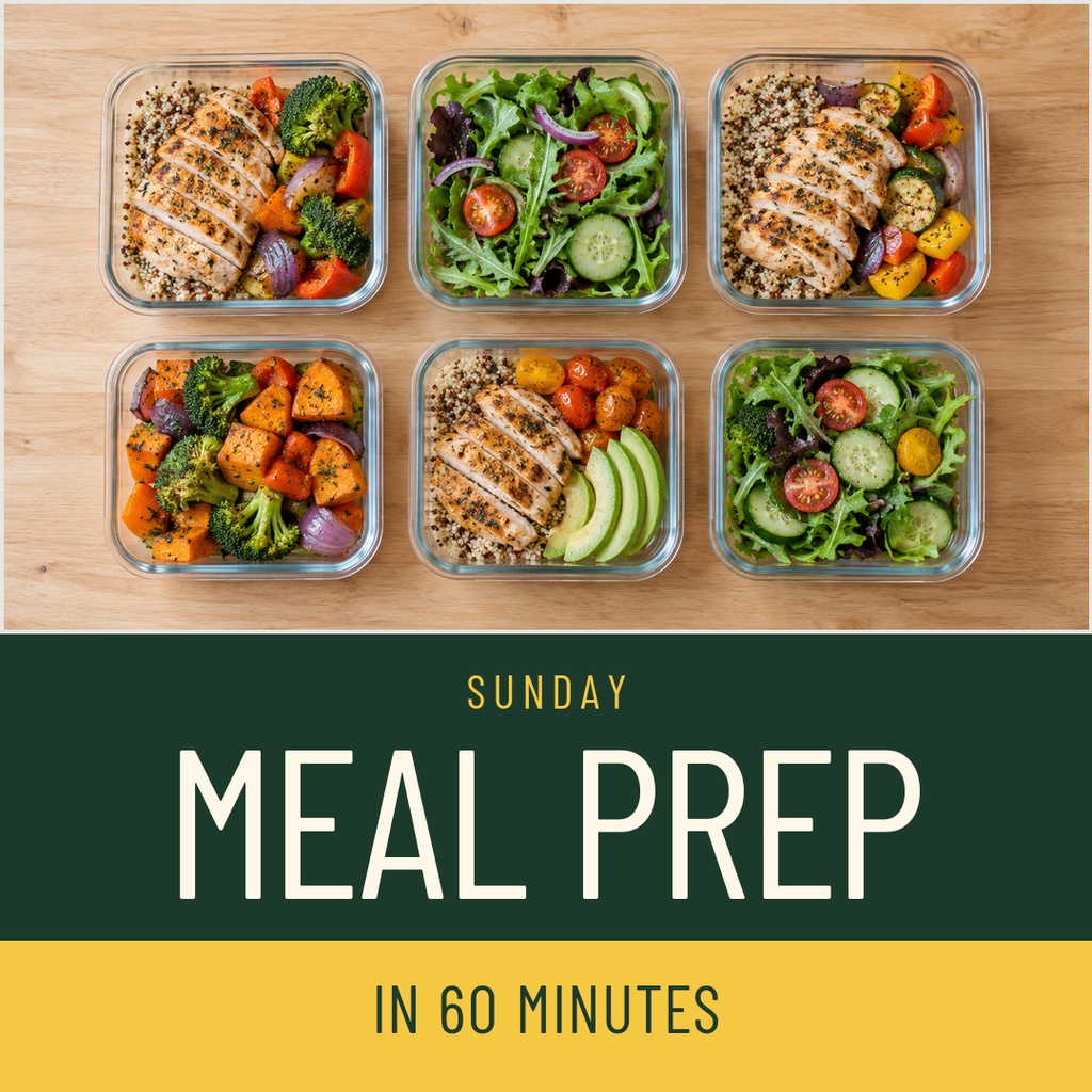 Six meal prep containers with chicken, vegetables, salad, and fruit on a wooden table.