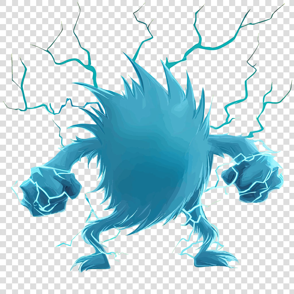 A blue, electric entity with sharp, spiky hair and glowing blue lines.
