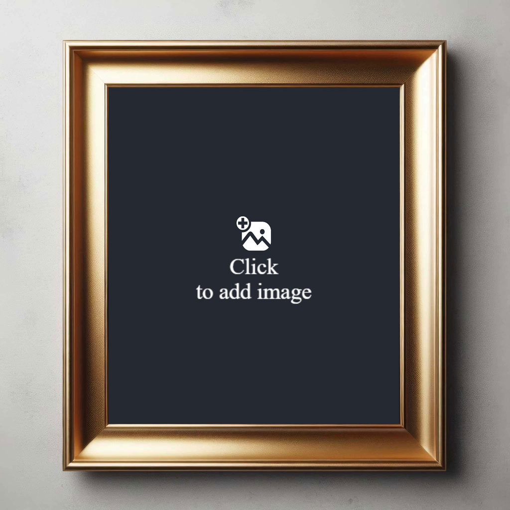 Gold picture frame with black center on grey wall