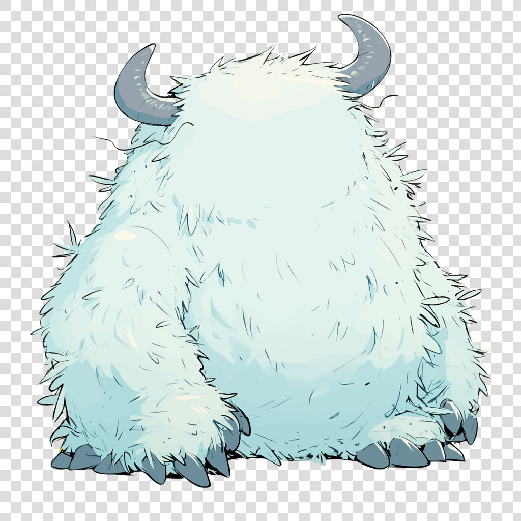 Illustration of a large, fluffy, light blue creature with two horns