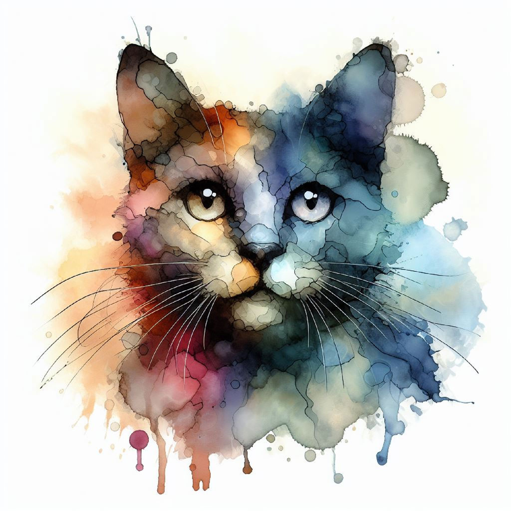 A cat with bright blue eyes surrounded by swirling pink, blue, and yellow patterns.