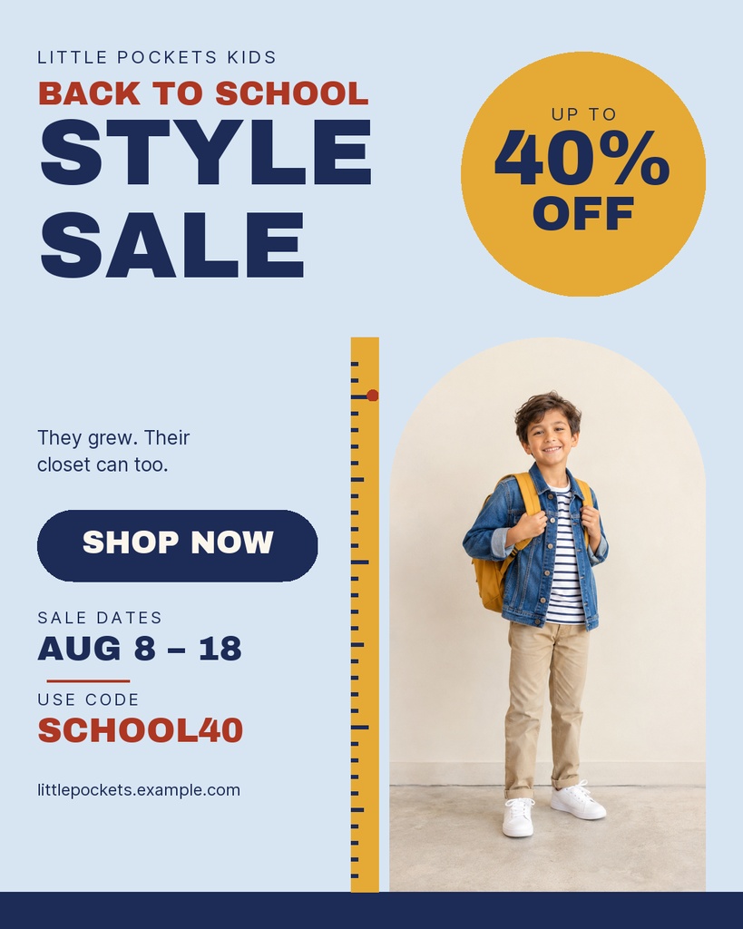 Portrait sale flyer with a child model, bold back-to-school text, discount badge, and shop now button.