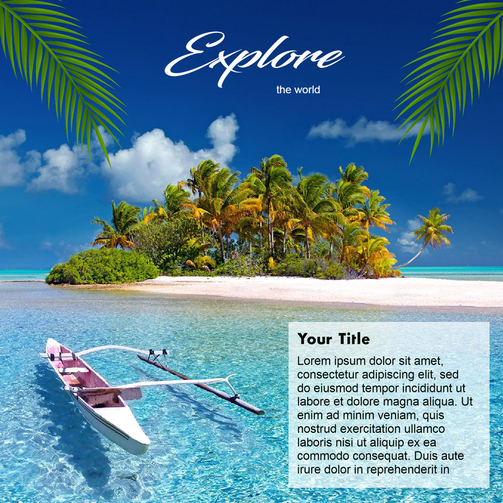 A small boat near a tropical island with palm trees and white sand beach