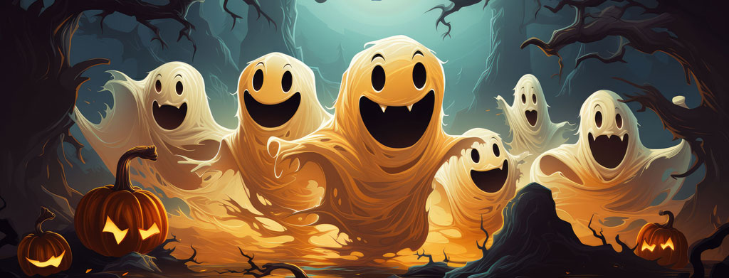 Friendly ghosts in a Halloween scene with jack-o-lanterns