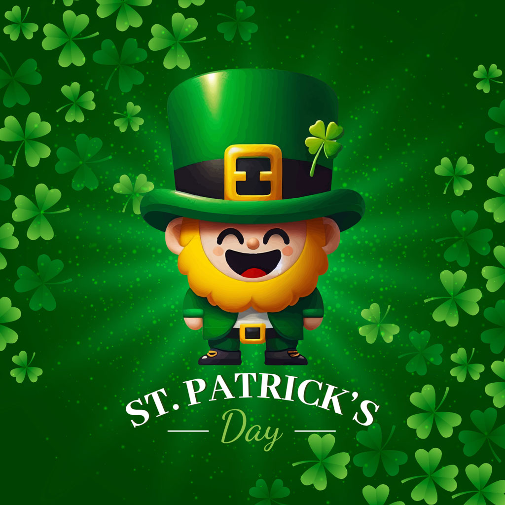 Cartoon leprechaun in green hat and outfit with shamrocks in the background