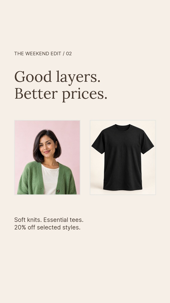 Instagram story template with a model photo, black T-shirt image, and fashion sale text.