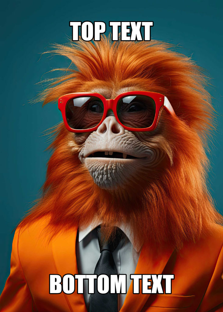 A monkey in a suit and sunglasses with top and bottom text overlay.