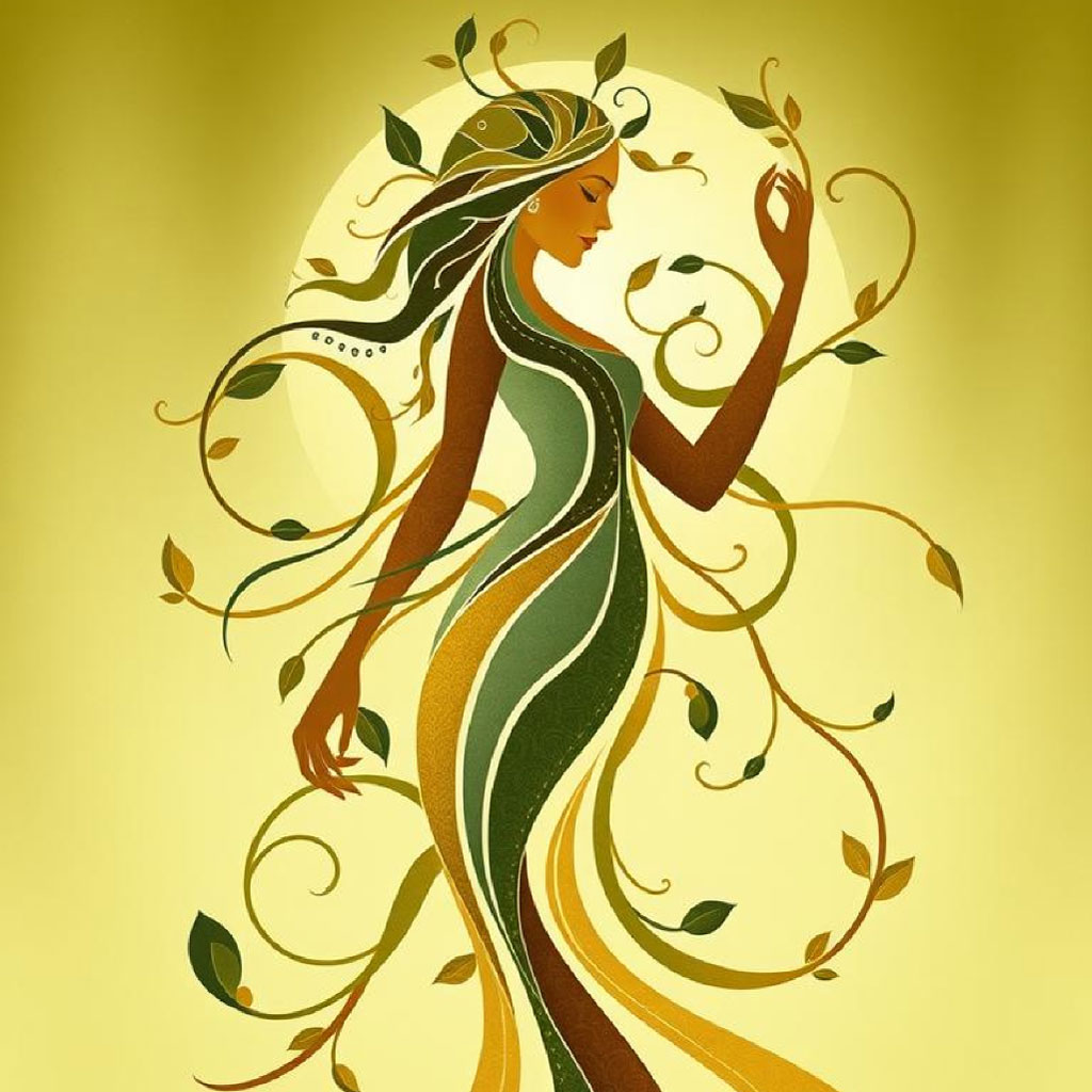 Illustration of a woman with flowing hair and dress intertwined with leaves and vines against a yellow background.