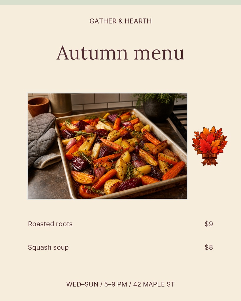 Portrait autumn menu with roasted roots photo, squash soup listing, and a fall leaf graphic.