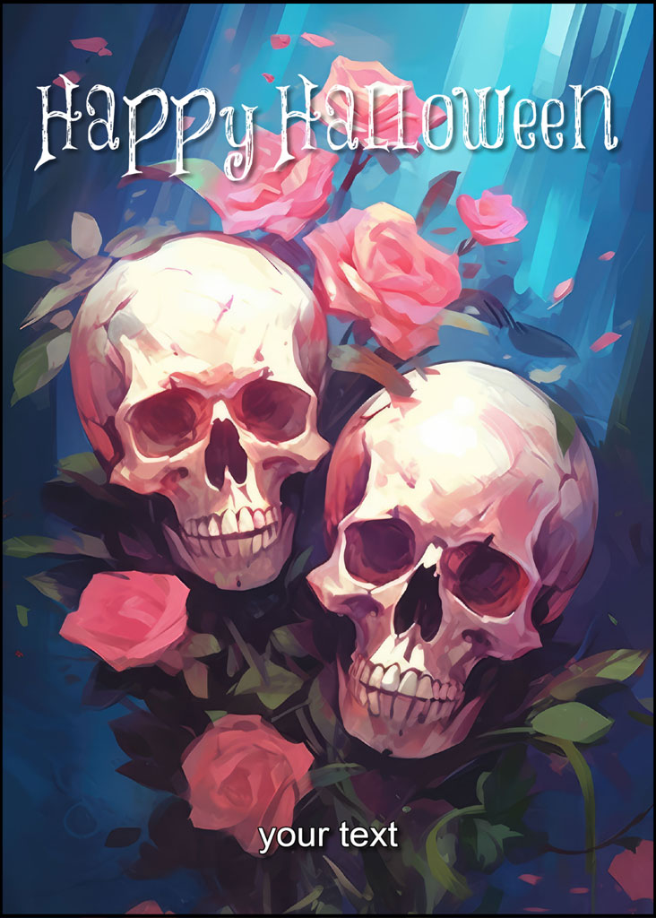 Halloween card with skulls and pink roses
