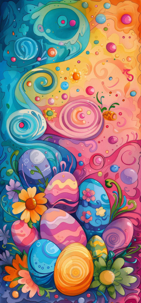 Vibrant Easter eggs with floral decorations and swirling background