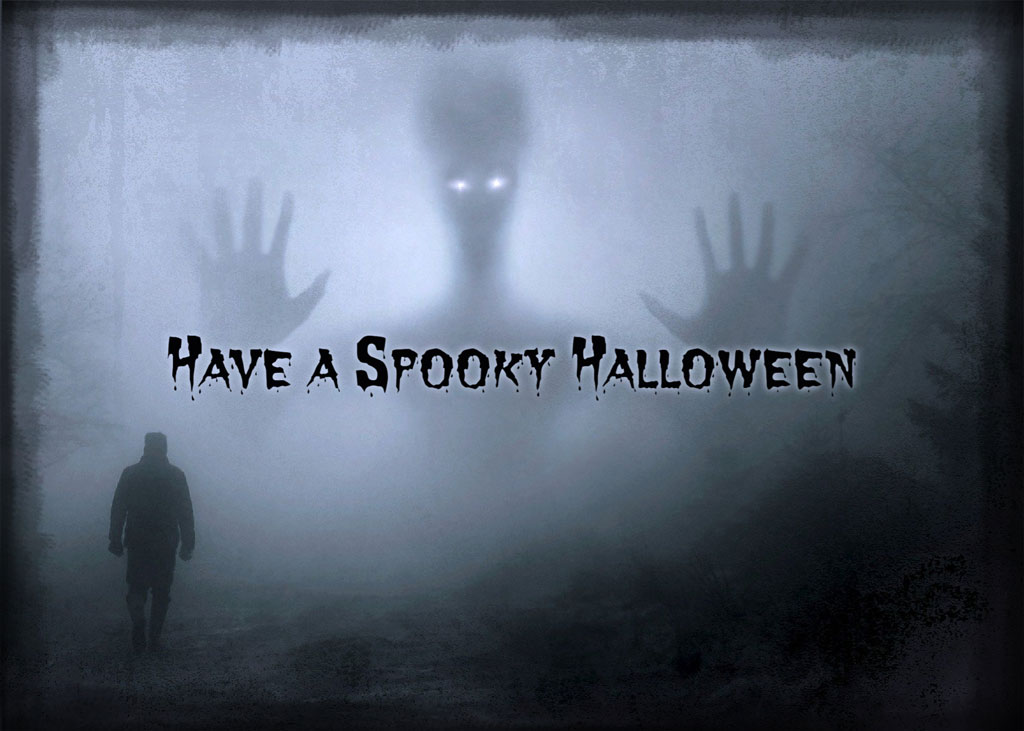 A person walking away from a ghostly figure in a foggy landscape with the text 'Have a Spooky Halloween'