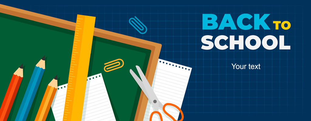 Back to school graphic with green chalkboard and school supplies