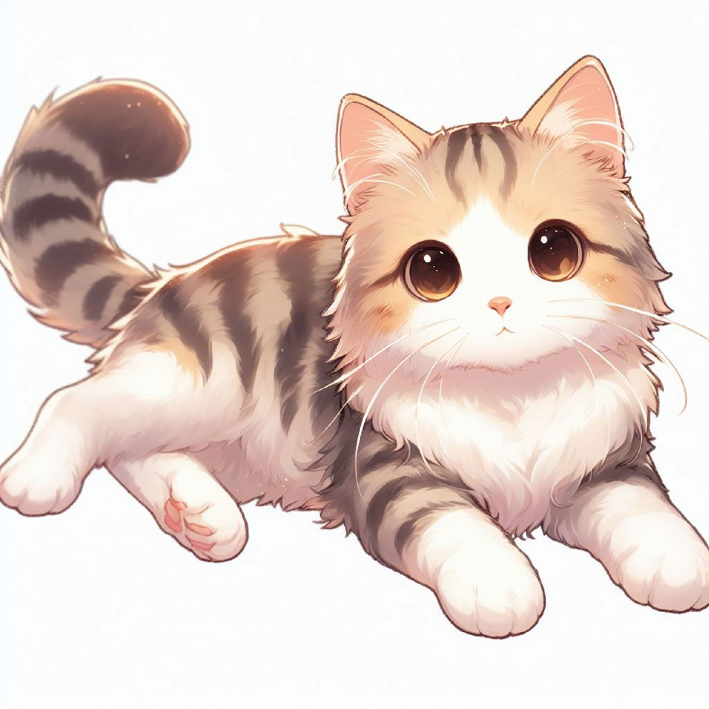 A white cartoon cat with purple and blue hair, large expressive eyes, and a playful expression.