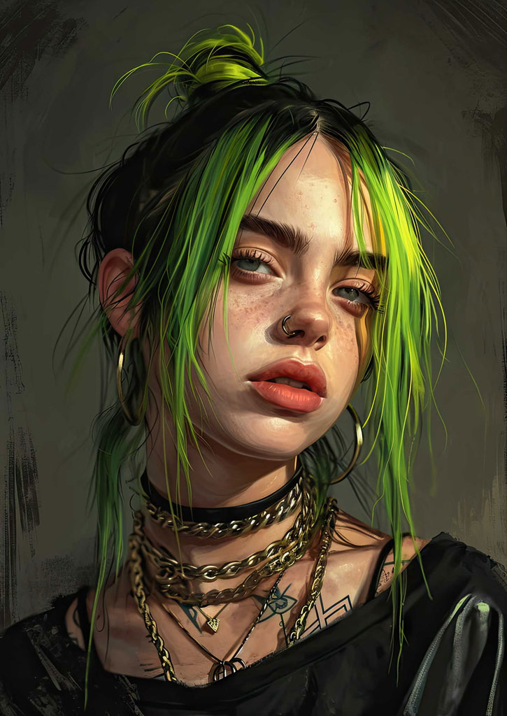 Portrait of a woman with green hair and multiple gold necklaces