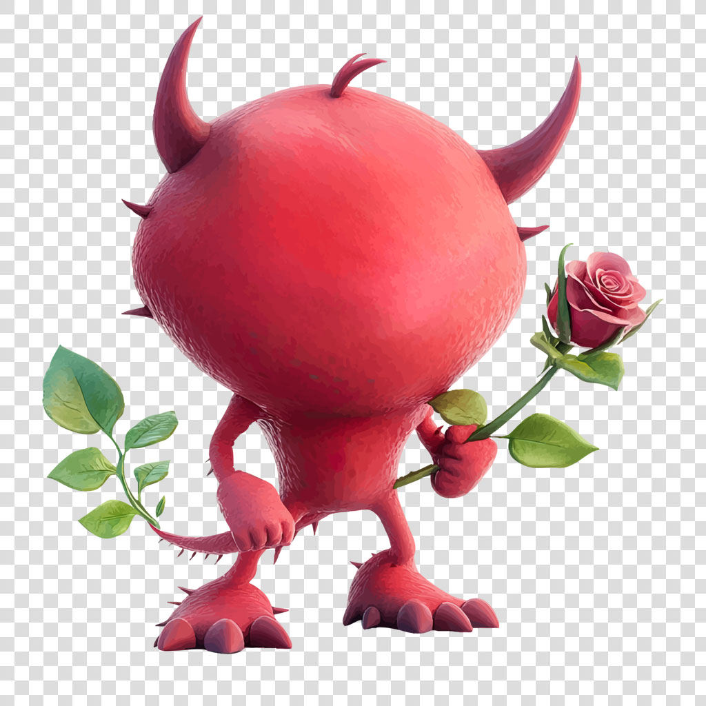 Red devil character holding rose stems