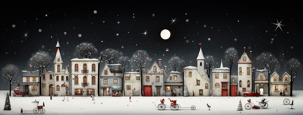 Illustration of a snowy town with houses and festive activities at night