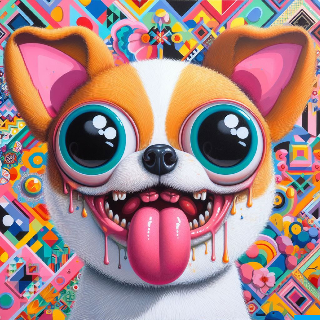 A cartoon dog with large eyes and tongue out, surrounded by colorful patterns
