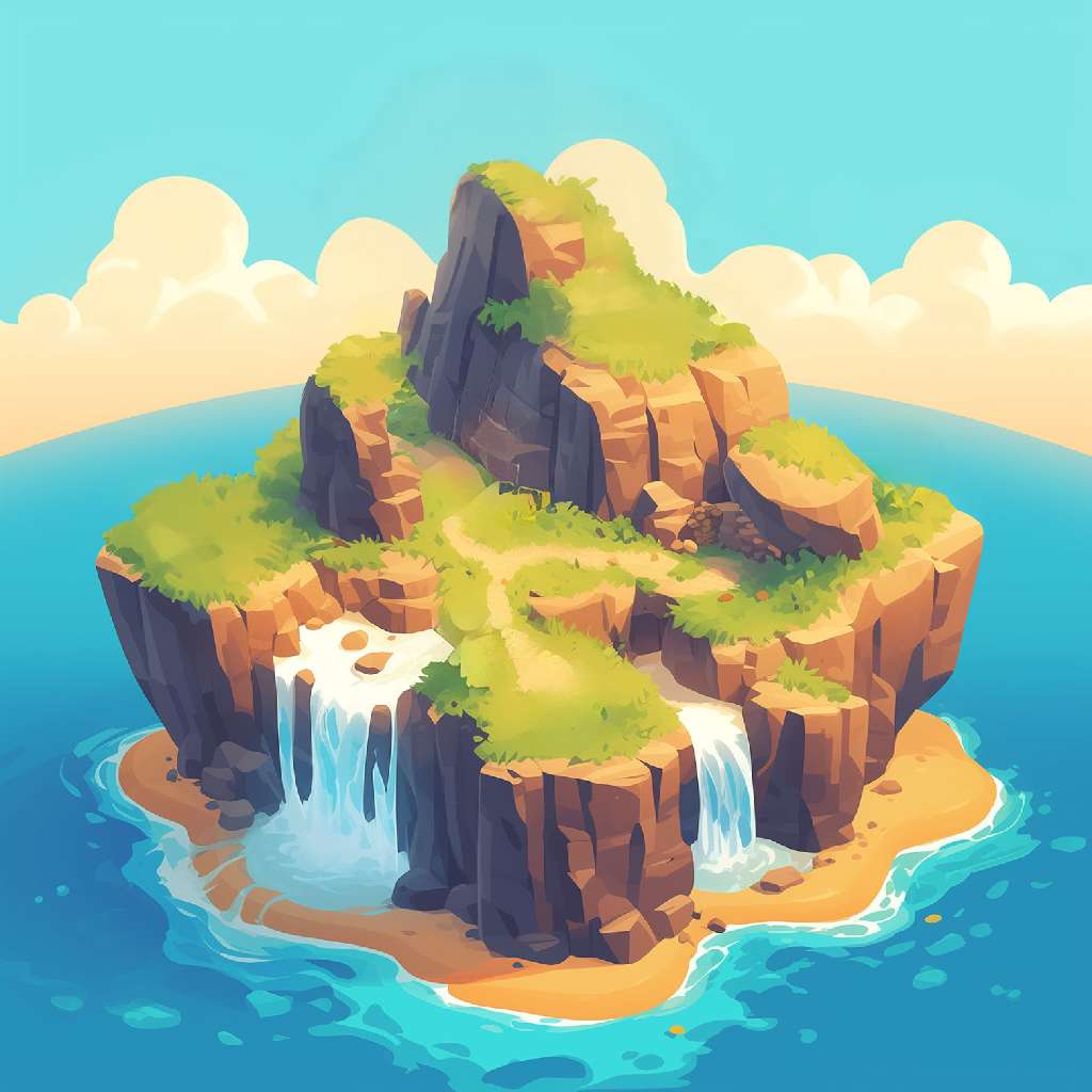 A cartoon island with greenery and waterfalls in the ocean