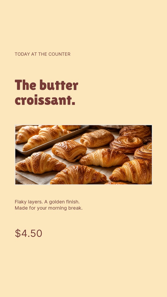Vertical bakery story template with croissants, price, and warm beige text layout