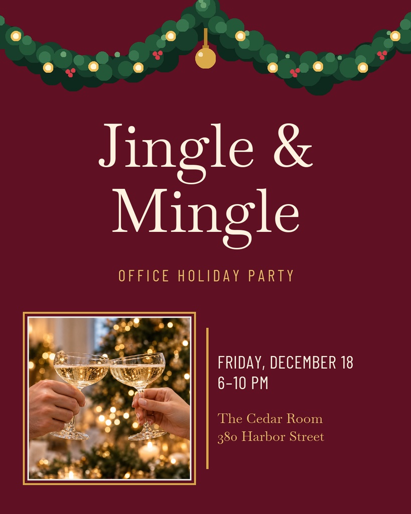 Burgundy holiday party invitation with green garland, gold ornaments, and a photo of clinking champagne glasses.