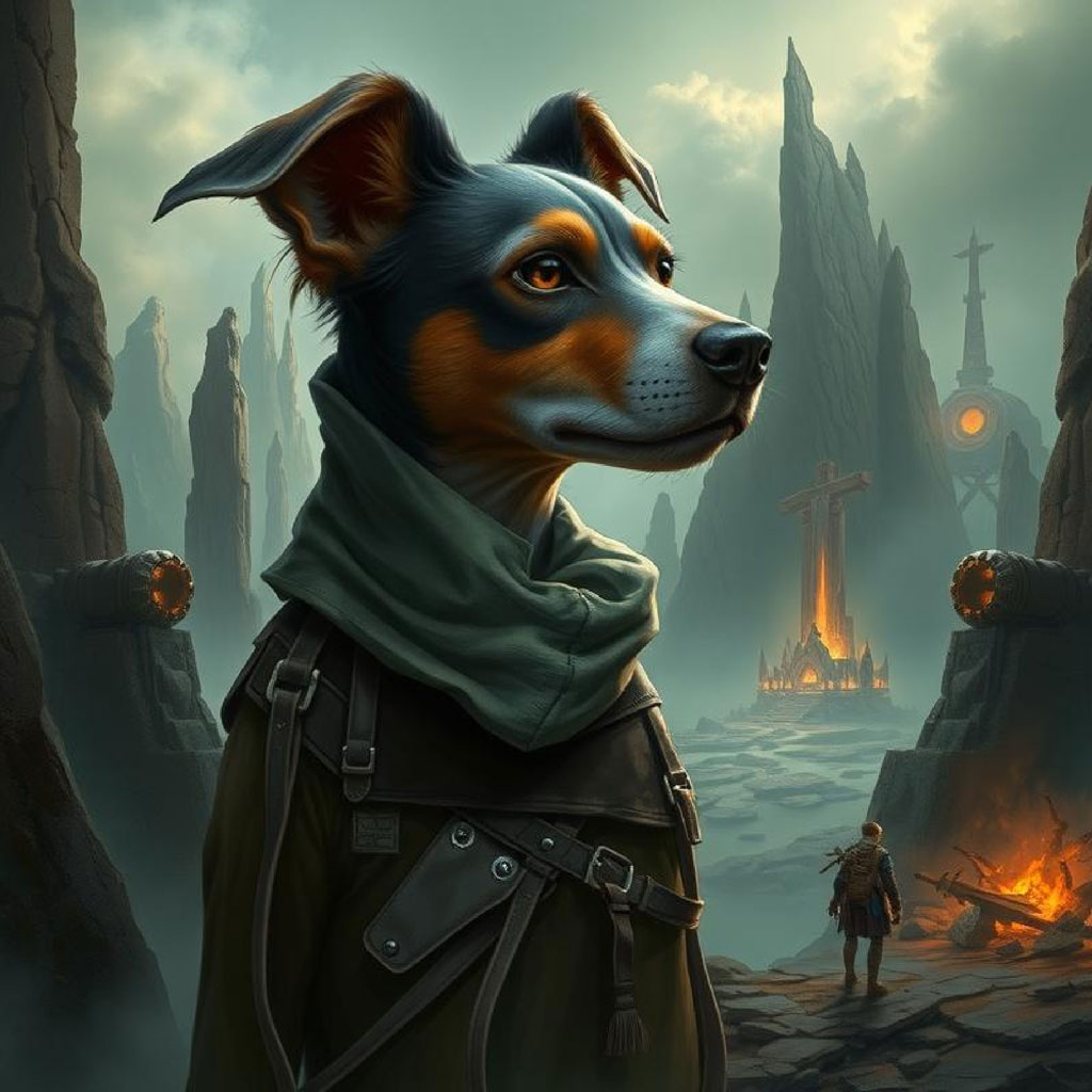 A determined female warrior with a sword and bag stands in front of a futuristic, mystical cityscape with other warriors in the background.