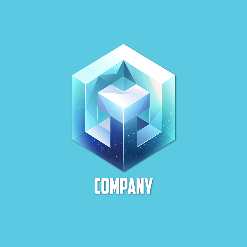 3D company logo with a cube inside a hexagon on a blue background