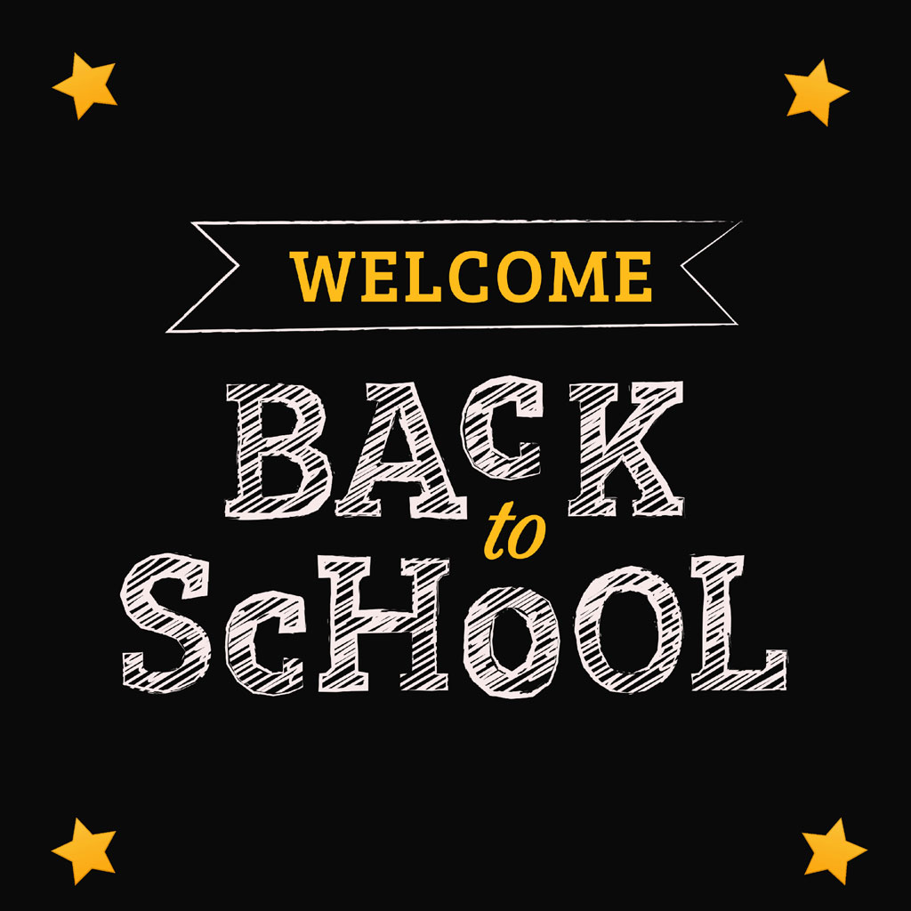 Welcome back to school graphic with yellow stars on a black background