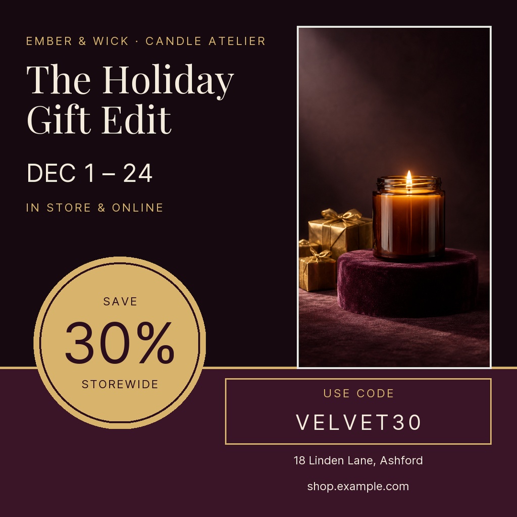 Square holiday sale post with a candle, gift boxes, and a 30 percent off promotion.