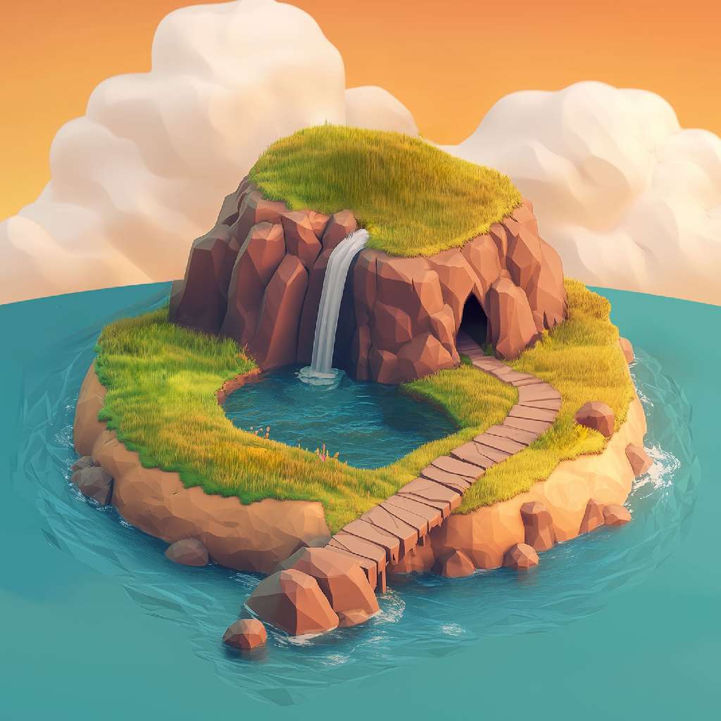 A 3D illustration of a small island with a waterfall and a wooden pathway.